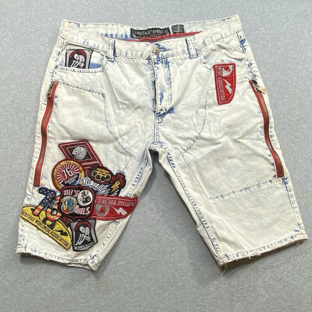 Heritage America Denim Shorts Sz 40 Mens Blue Acid Wash Biker Grunge Patch Zip